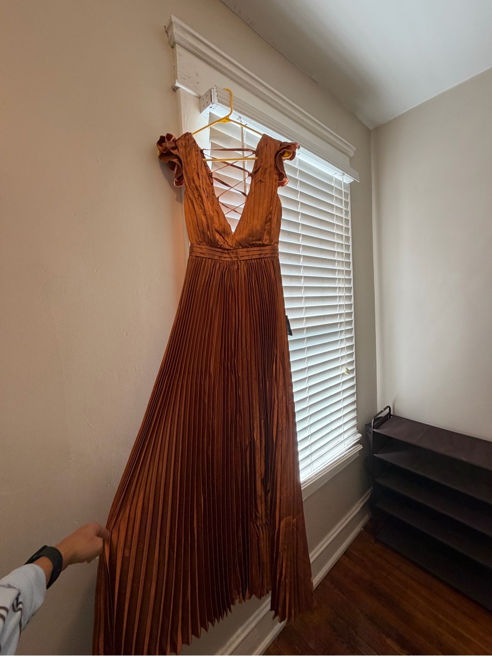 Lulu's Rust Brown Pleated Maxi Dress with Lace-Up V-Front